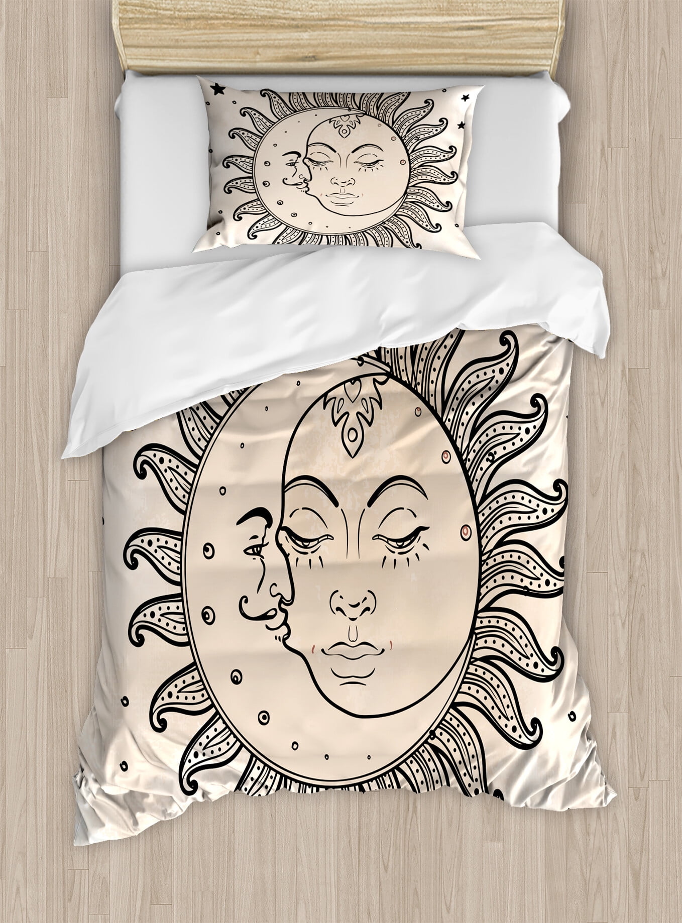Twin Charcoal Grey Tan Sun and Moon Duvet Cover Set