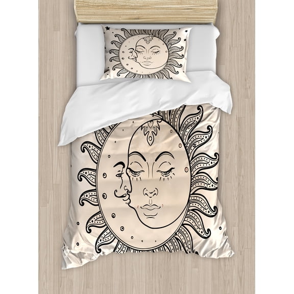 Ambesonne Sketch Duvet Cover Set, Sun and Moon, Twin, Charcoal Grey Tan