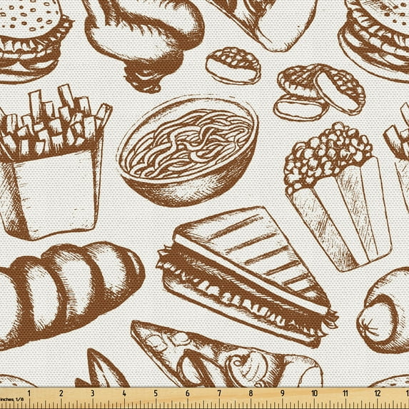 Ambesonne Sketch Fabric by the Yard Upholstery, Hand Drawn Fast Food Motifs, 3 Yards, Brown and White