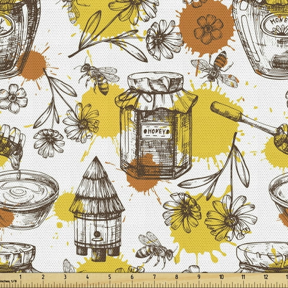 Ambesonne Sketch Fabric by the Yard Upholstery, Honey Jars Drops and Bees, 1 Yard, White Mustard Ginger