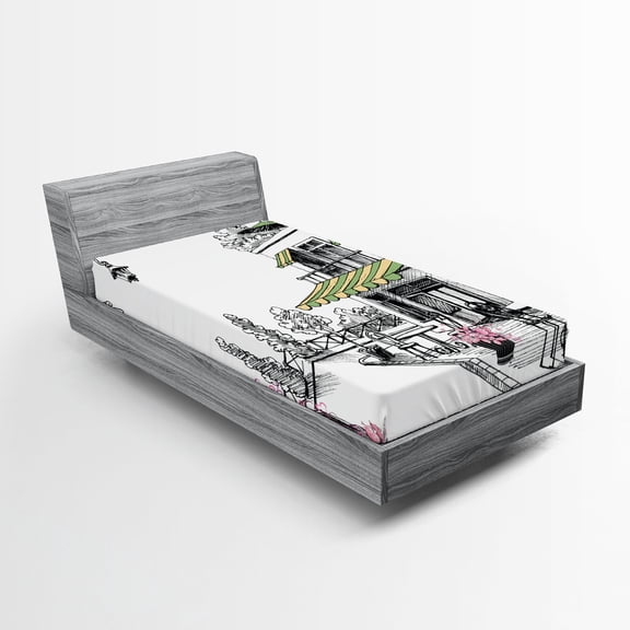 Ambesonne Sketch Fitted Sheet, Parisian Patio, Twin XL Size, Charcoal Grey and White