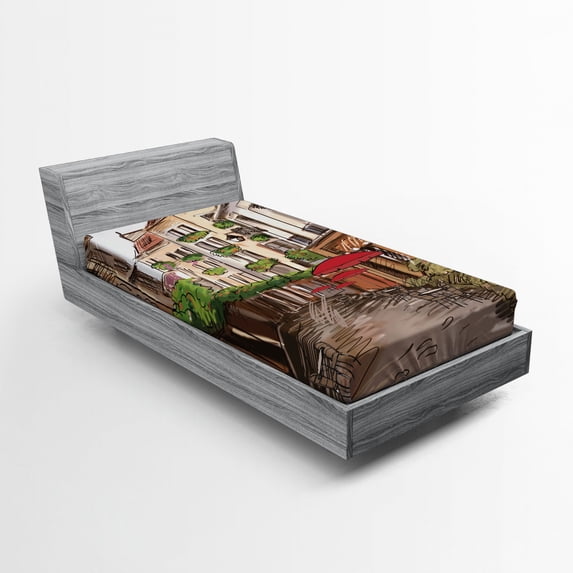 Ambesonne Sketch Fitted Sheet, Romantic Patio Scene Sketch, Twin Size, Taupe and Multicolor