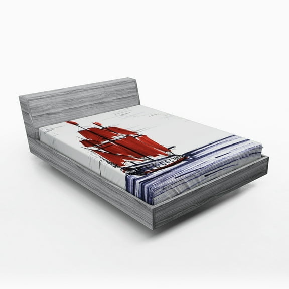 Ambesonne Sketch Fitted Sheet, Saliling Ship on Sea, Full Size, Dark Purple Ruby Black