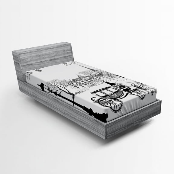 Ambesonne Sketch Fitted Sheet, Street in Zurich Retro, Twin Size, Black White