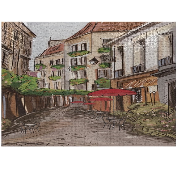 Ambesonne Sketch Jigsaw Puzzle, Romantic Patio Scene Sketch, Heirloom-Quality Fun Activity for Family Durable Cardboard, 1000 pcs, Taupe and Multicolor