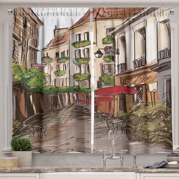 Ambesonne Sketch Kitchen Curtains, Romantic Patio Scene Sketch, 55"x45", Taupe and Multicolor