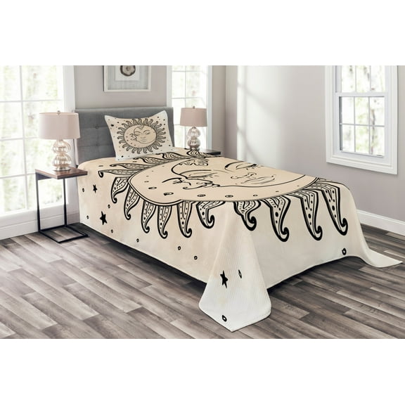 Ambesonne Sketch Quilted Bedspread Set 2 Pcs, Sun and Moon, Twin Size, Charcoal Grey Tan