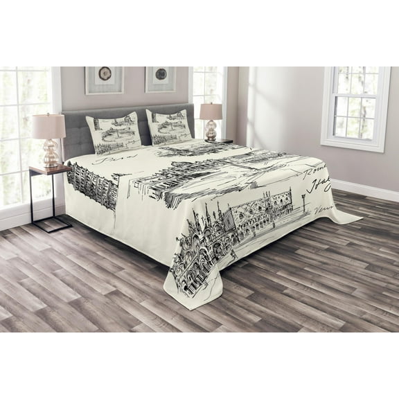 Ambesonne Sketch Quilted Bedspread Set 3 Pcs, Italian Landmarks Travel, Queen Size, Black White
