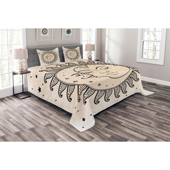 Ambesonne Sketch Quilted Bedspread Set 3 Pcs, Sun and Moon, Queen Size, Charcoal Grey Tan