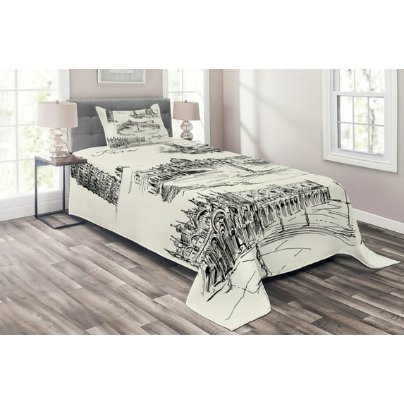 Ambesonne Sketch Quilted Coverlet 2 Pcs, Italian Landmarks Travel, Twin Size, Black White