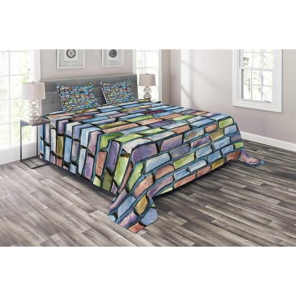 Ambesonne Sketch Quilted Coverlet 3 Pcs, Colored Mosaic Walls, King Size, Multicolor
