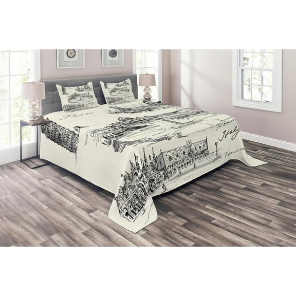 Ambesonne Sketch Quilted Coverlet 3 Pcs, Italian Landmarks Travel, Queen Size, Black White