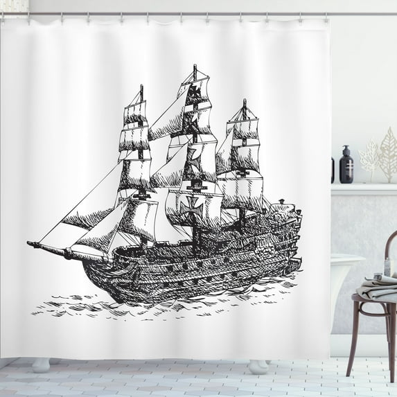 Ambesonne Sketch Shower Curtain, Hand Drawn Columbus Ship, 69"Wx84"L, Charcoal Grey and White