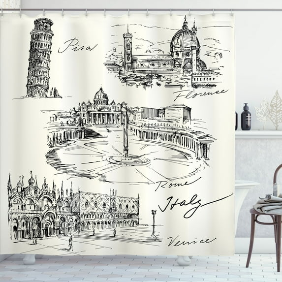 Ambesonne Sketch Shower Curtain, Italian Landmarks Travel, 69"Wx75"L, Black White