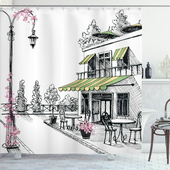 Ambesonne Sketch Shower Curtain, Parisian Patio, 69"Wx84"L, Charcoal Grey and White