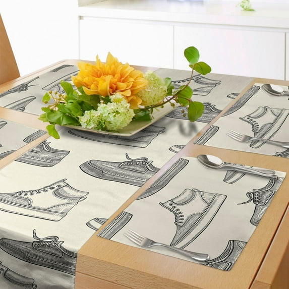 Ambesonne Sketch Table Runner & Placemats, Retro Sneaker Shoes Pattern, Placemat 4 pcs + Runner 14"x90", Black and Ivory