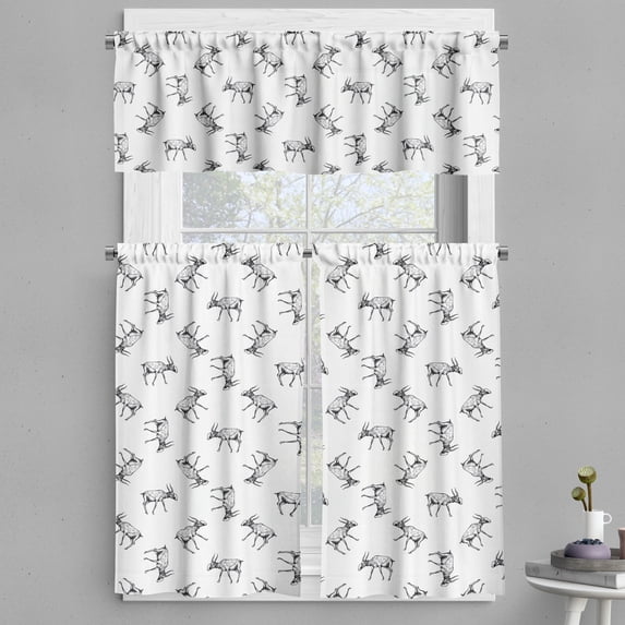 Ambesonne Sketch Valance & Curtain, Monochrome Saiga Antelopes, 55"x24", Dark Grey White