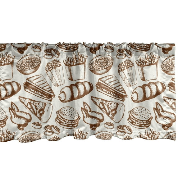 Ambesonne Sketch Window Valance, Hand Drawn Fast Food Motifs, 42" x 12", Brown and White