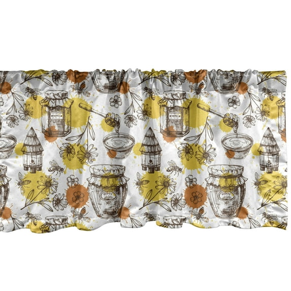 Ambesonne Sketch Window Valance, Honey Jars Drops and Bees, 54" X 18", White Mustard Ginger