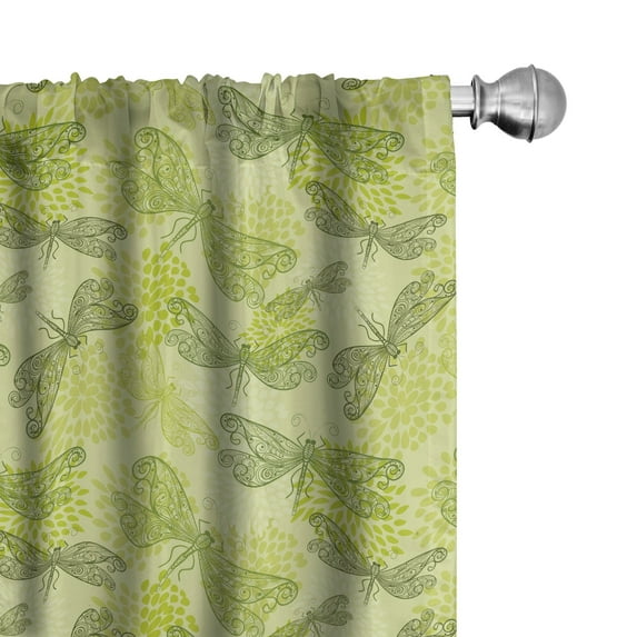 Ambesonne Sketchy Window Curtains, Floral Dragonfly Wings, Each 28" W x 95" L, Pale Green Dark Green