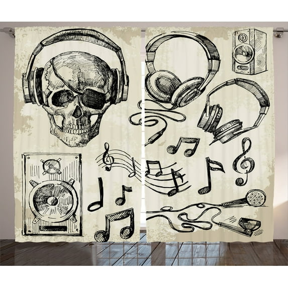 Ambesonne Sketchy Curtains 2 Panel Set, Music Hipster Skull, 108" x 90", Beige Black