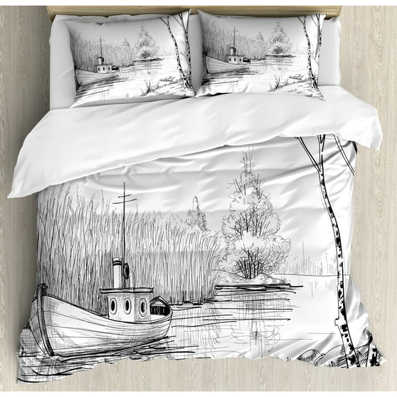 Ambesonne Sketchy Duvet Cover Sets, Black White Boat River, 2-Queen, Black White