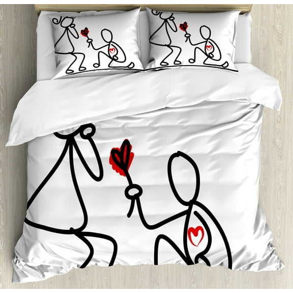 Ambesonne Sketchy Duvet Cover Sets, Wedding Proposal, 2-Queen, Black White and Red