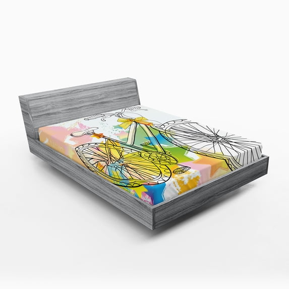 Ambesonne Sketchy Fitted Sheet, Abtract Colorful Bike, Queen Size, Multicolor