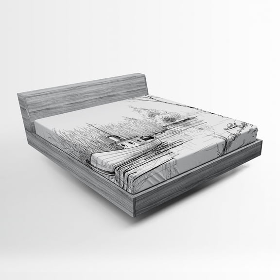 Ambesonne Sketchy Fitted Sheet, Black White Boat River, Full Size, Black White