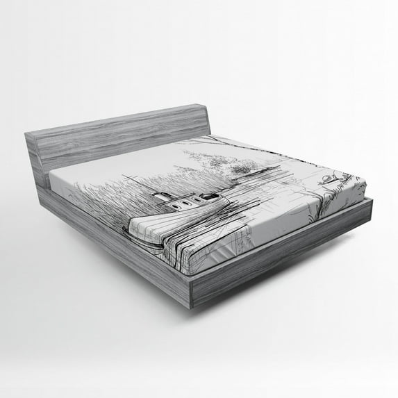 Ambesonne Sketchy Fitted Sheet, Black White Boat River, Full Size, Black White