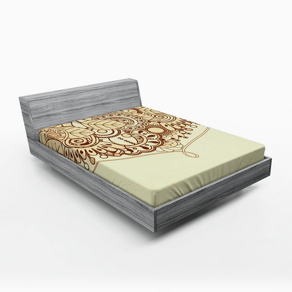 Ambesonne Sketchy Fitted Sheet, Eastern Leaves Composition, Full Size, Brown