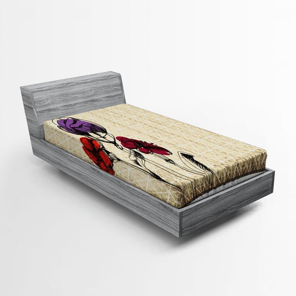 Ambesonne Sketchy Fitted Sheet, Flower Petals Grunge, Twin Size, Maroon Purple Tan