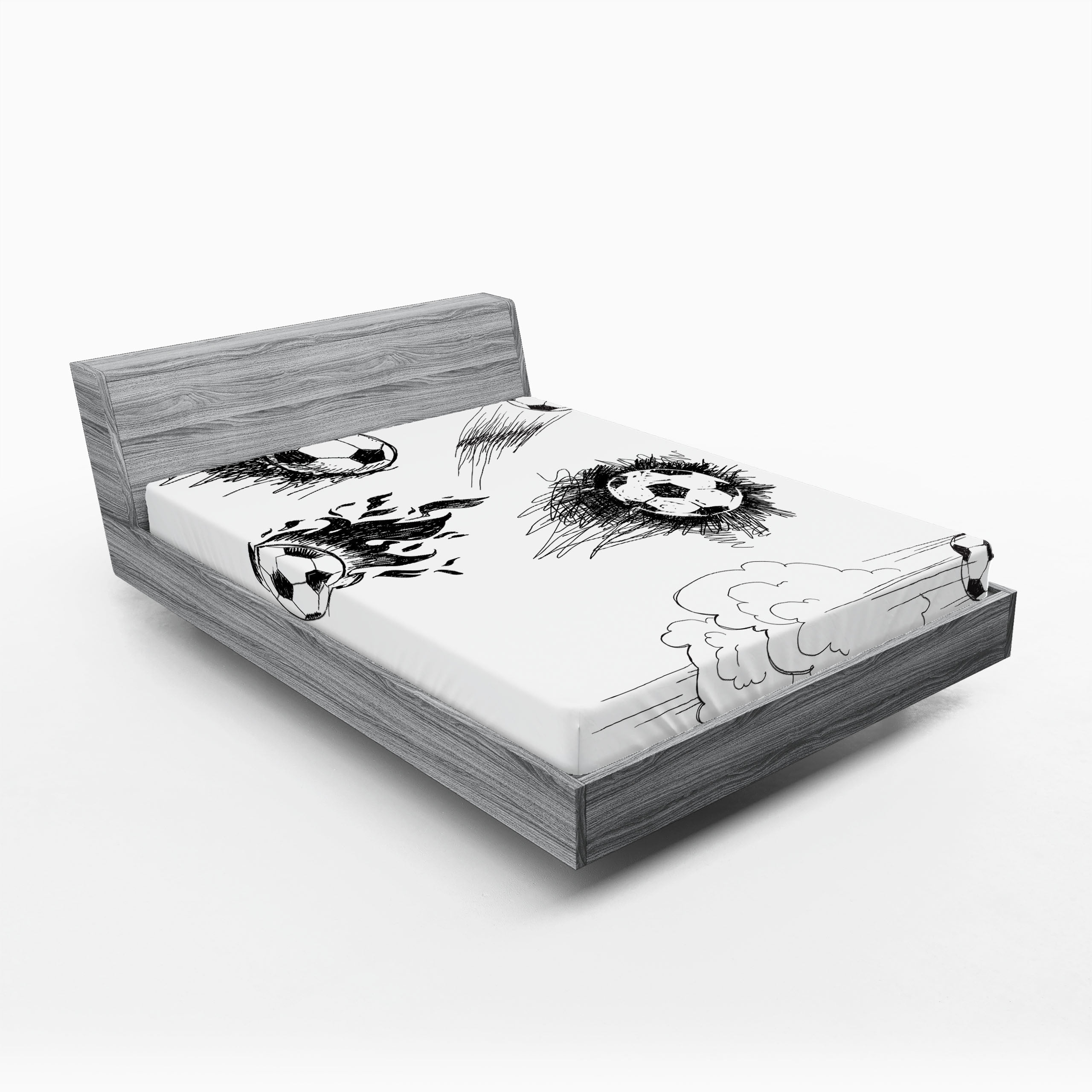 Queen Black and White Microfiber Soccer Print Fitted Sheet