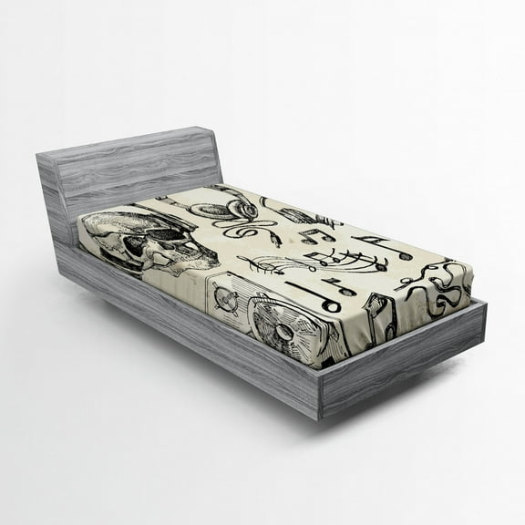 Ambesonne Sketchy Fitted Sheet, Music Hipster Skull, Twin Size, Beige Black