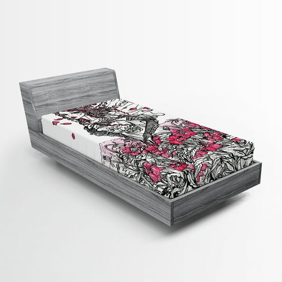 Ambesonne Sketchy Fitted Sheet, Woman on a Poppy Field, Twin Size, Black White Pink