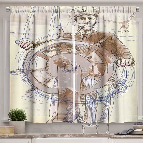 Ambesonne Sketchy Kitchen Curtains, Captain Leader Seaman, 55"x45", Brown Cream