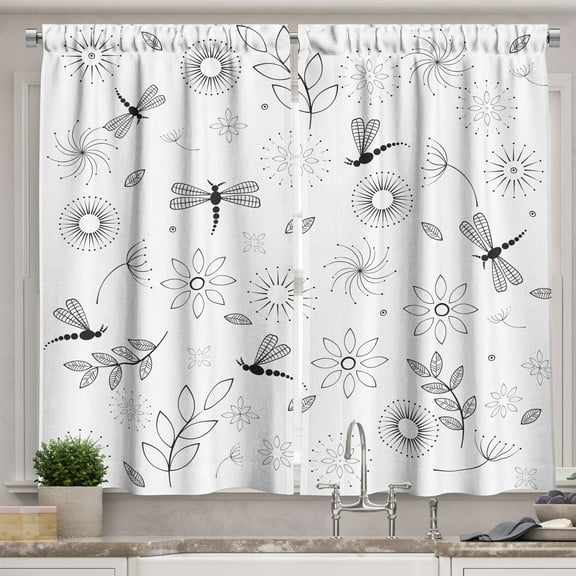 Ambesonne Sketchy Kitchen Curtains, Dragonfly Floral, 55"x39", Black and White
