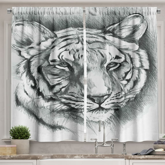 Ambesonne Sketchy Kitchen Curtains, Grey Lion Head, 55"x45", Pale Grey White
