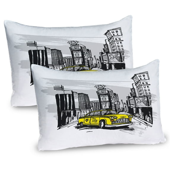 Ambesonne Sketchy Pillow Sham 2 Pack, Cab in New York City, 36"x20", Black Taupe Yellow