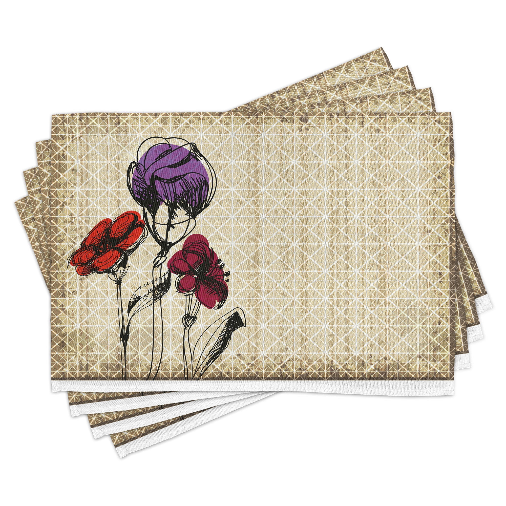 Ambesonne Sketchy Place Mats Set of 4, Flower Petals Grunge, Standard Size, Maroon Purple Tan
