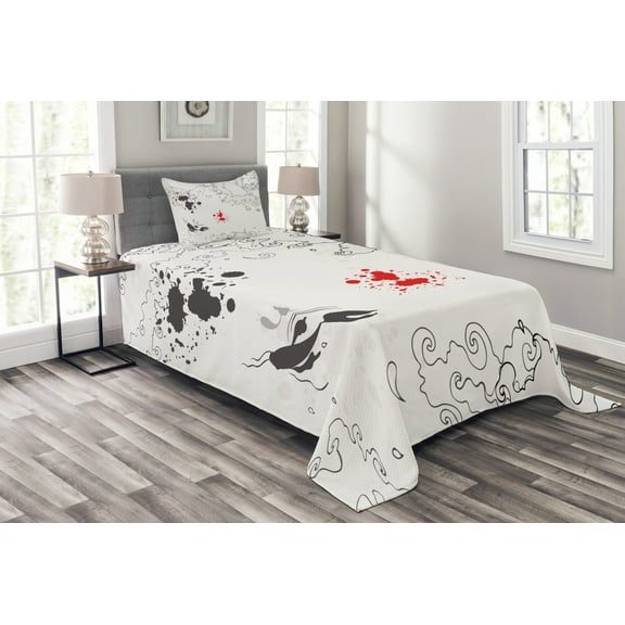 Ambesonne Sketchy Quilted Bedspread Set 2 Pcs, Koi Fish Swimming Art, Twin Size, White Black Grey