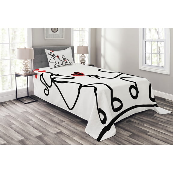 Ambesonne Sketchy Quilted Bedspread Set 2 Pcs, Wedding Proposal, Twin Size, Black White and Red