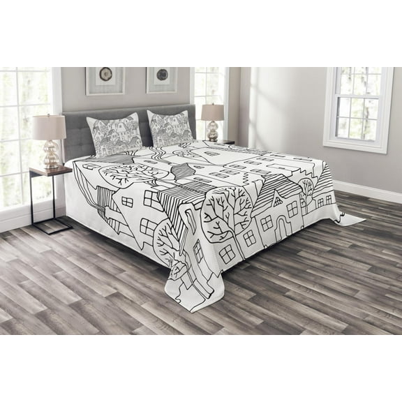 Ambesonne Sketchy Quilted Bedspread Set 3 Pcs, Cartoon House Village, King Size, Black and White