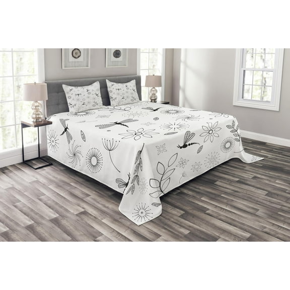 Ambesonne Sketchy Quilted Bedspread Set 3 Pcs, Dragonfly Floral, Queen Size, Black and White