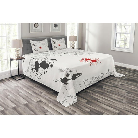 Ambesonne Sketchy Quilted Bedspread Set 3 Pcs, Koi Fish Swimming Art, Queen Size, White Black Grey