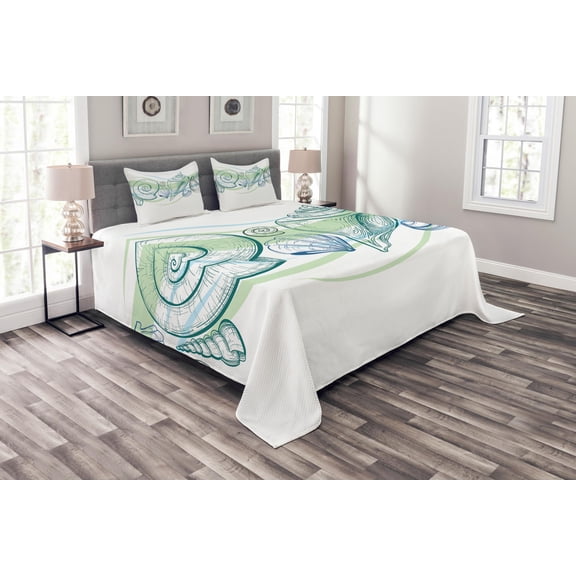 Ambesonne Sketchy Quilted Bedspread Set 3 Pcs, Pastel Color Sealife, King Size, White Green
