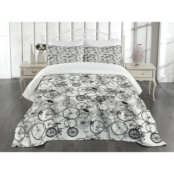 Ambesonne Sketchy Quilted Bedspread Set 3 Pcs, Vintage Retro Bicycle, King Size, White and Dark Sepia