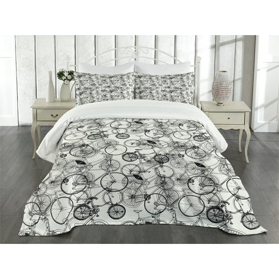 Ambesonne Sketchy Quilted Bedspread Set 3 Pcs, Vintage Retro Bicycle, Queen Size, White and Dark Sepia
