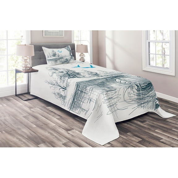 Ambesonne Sketchy Quilted Coverlet 2 Pcs, Boat on River Drawing, Twin Size, White Grey Blue