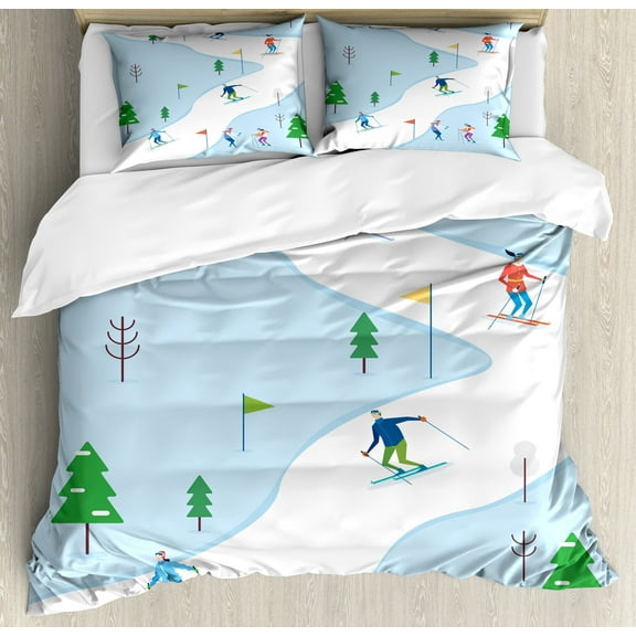 Ambesonne Ski Pattern Duvet Cover Set, Winter Sports Track, Calking, Pale Blue Multicolor